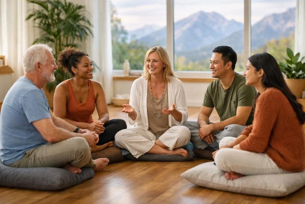 A diverse wellbeing group sharing a conversation